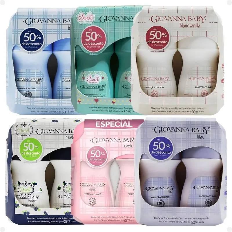 Kit Giovanna Baby 12 Desodorantes Roll-On: Blue, Candy, Blanc Vanilla, Blueberry, Classic e Lilac