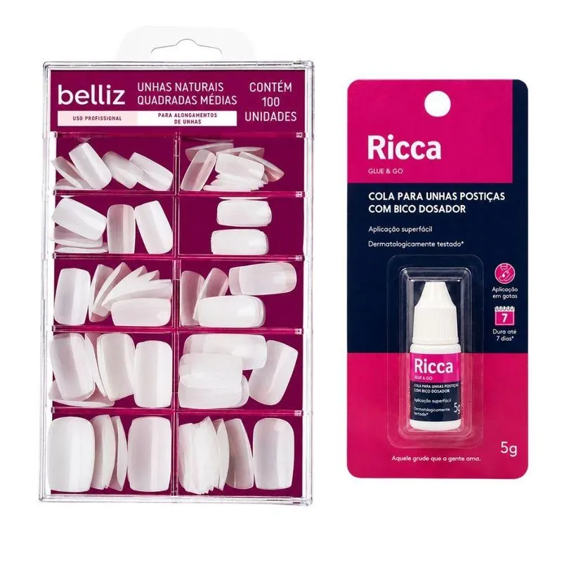 Kit Belliz: Tips Naturais Belliz Quadrado Médio e Cola De Unhas 5g