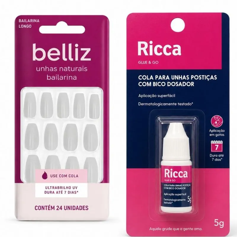 Kit Belliz: Unhas Postiças Bailarina Longo e Cola De Unhas 5g