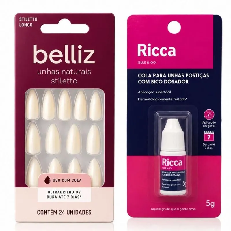 Kit Belliz: Unhas Postiças Naturais Stiletto Longo e Cola De Unhas 5g
