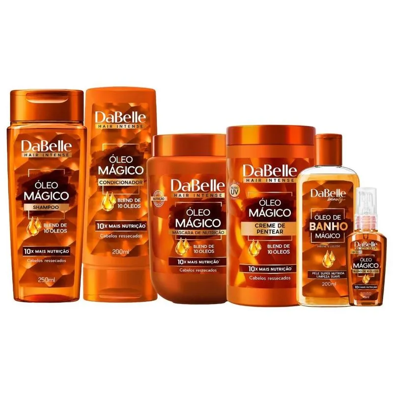 Kit DaBelle Óleo Mágico Blend 10 Óleos: Shampoo 250ml e Condicionador 200ml + Sabonete Líquido, Máscara e Finalizadores