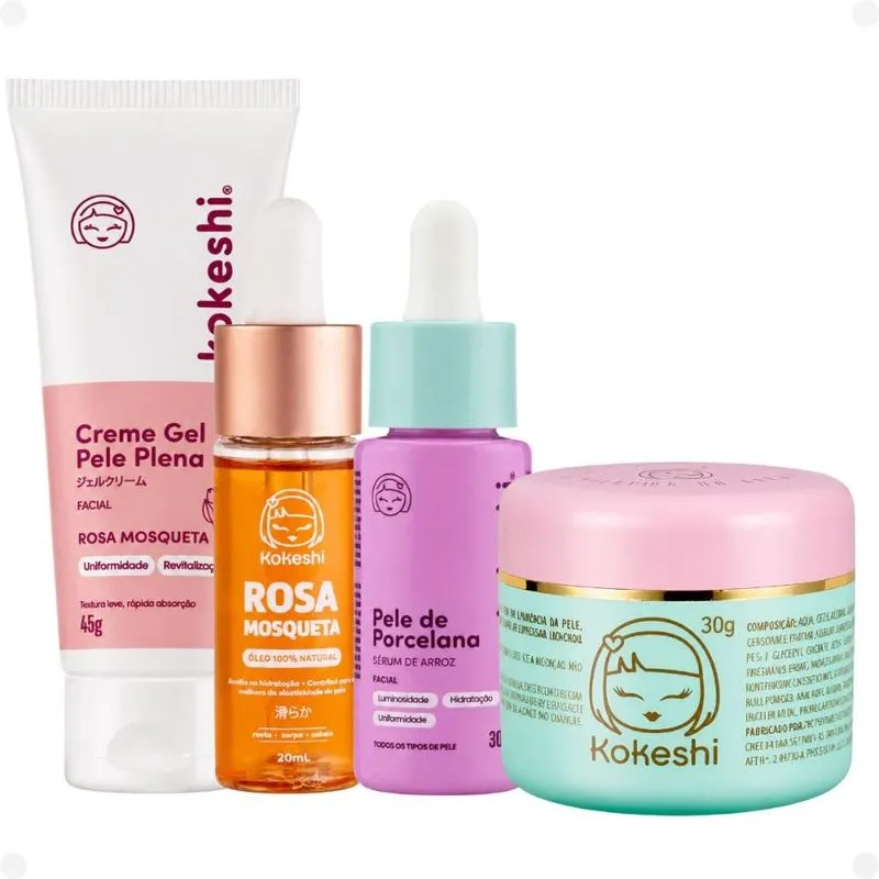 Kit Kokeshi:Sérum Facial De Arroz 30ml, Creme Facial O Milagre Do Arroz 30g,Óleo Natural Rosa Mosqueta 20ml e Creme Gel Pele Plena 45g