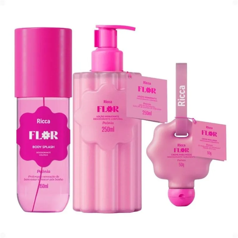 Kit Ricca Flor Peônia: Body Splash 150ml, Loção Hidratante 250ml e Creme Para Mãos 50g