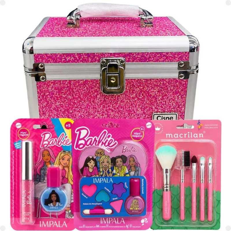 Kit Maquiagem Infantil Barbie Estilo e Brilho Impala com Maleta Pink e Pincéis