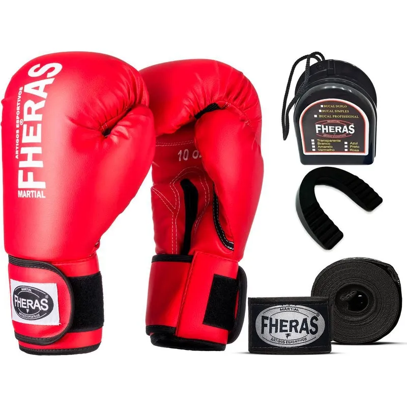 Kit Luva De Boxe Muay Thai Mma Bandagem Bucal 10Oz Vermelho