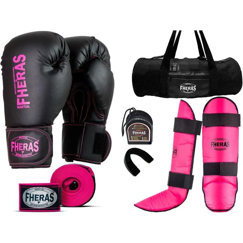 Kit Muay Thai Luva Bandagem Caneleira Bucal Bolsa Pink 12oz