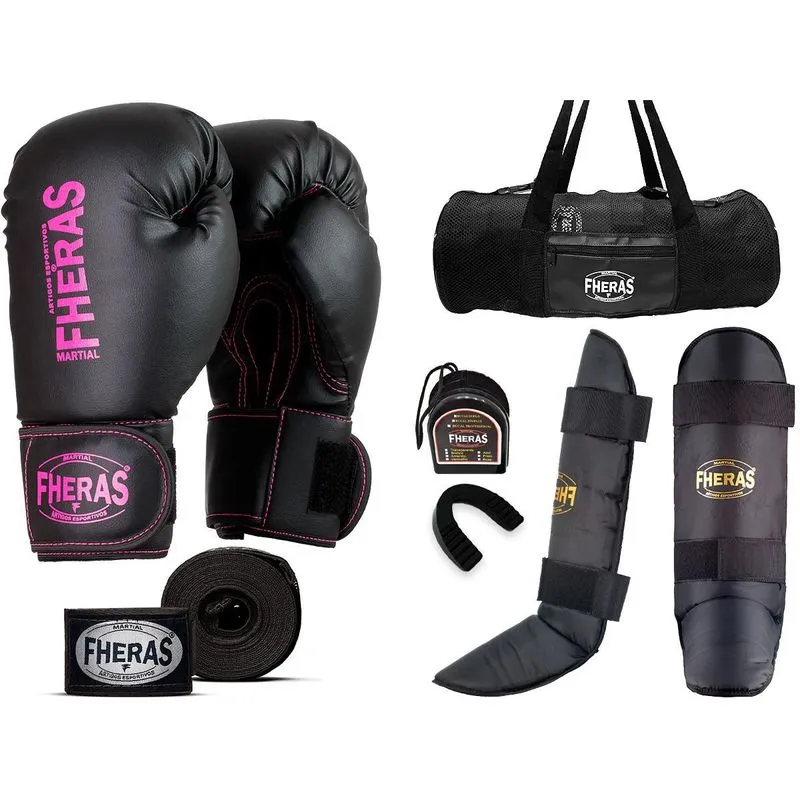 Kit Muay Thai Luva Bandagem Caneleira Bucal Bolsa Pink 14oz