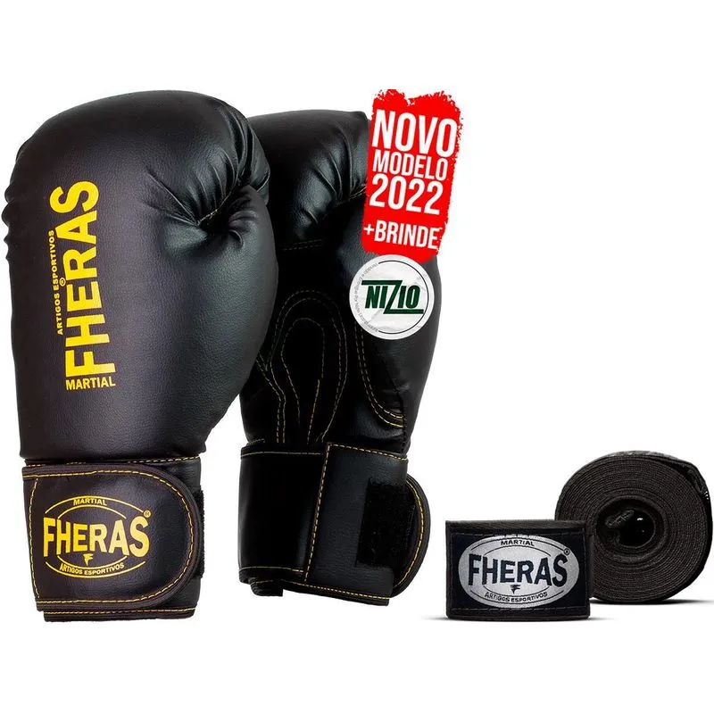Kit Luva De Boxe Muay Thai Mma Bandagem Black Yellow 08oz