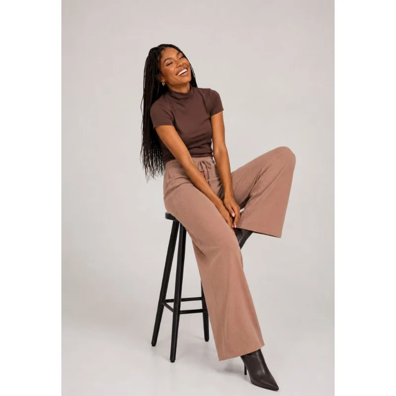 Calça Wide Leg Malha Canelada Marrom Salvatore Fashion Tamanho M