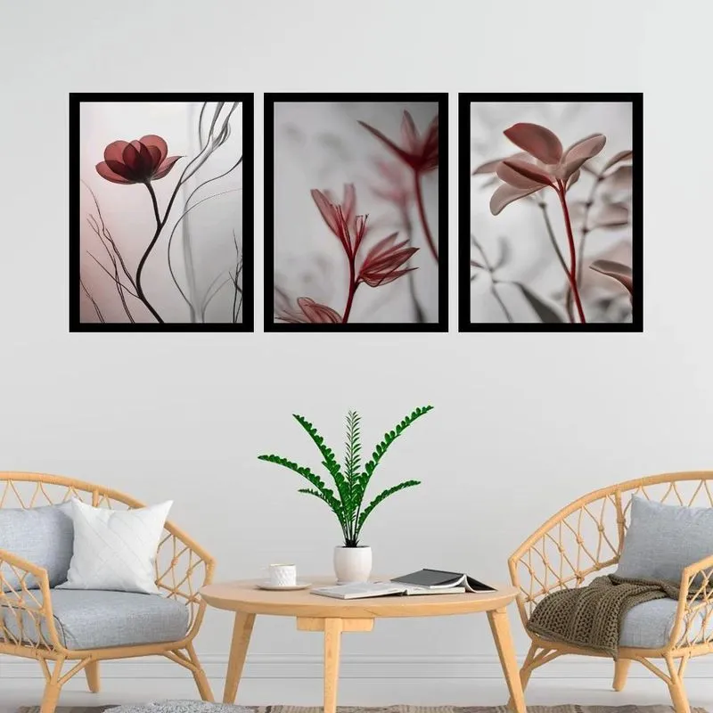 Kit 3 Quadros Modernas Flores Nuances Cinza 24X18Cm - Vidro