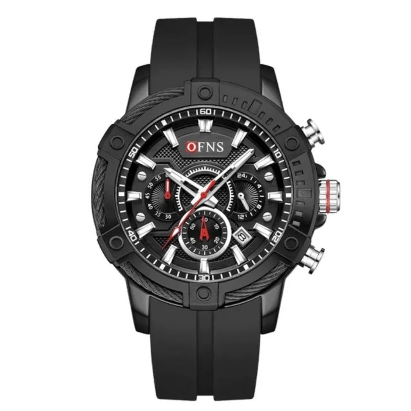 Relógio Masculino Relógio da Moda Três Olhos Seis Pinos Calendário com Pulseira Silicone Preto Ofns
