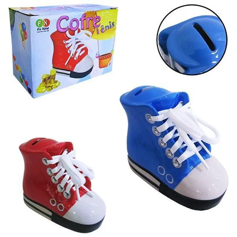 Cofre Infantil De Porcelana Tênis Azul Guarda Moedas