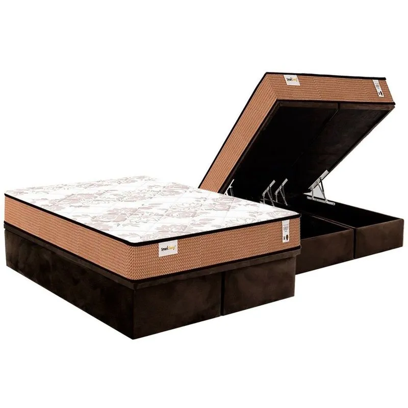 Cama Box Baú Queen: Colchão Molas MasterPocket Ensacadas Plumatex Smart Classic + Base crc Suede Brown (158x198)