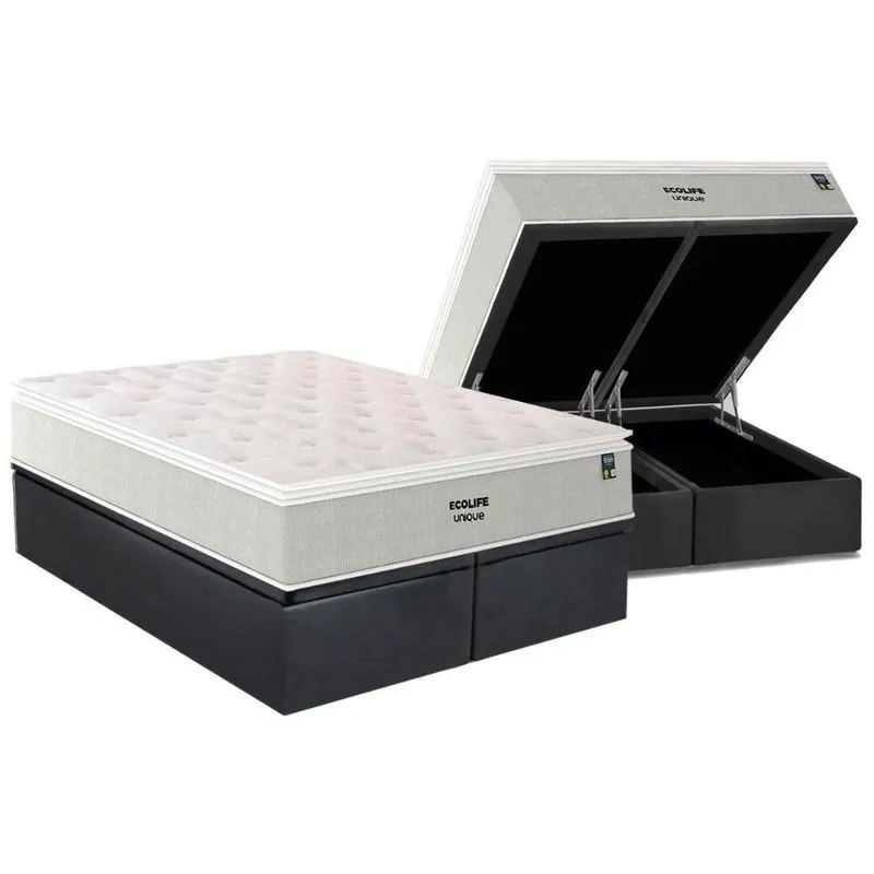 Cama Box Baú Queen: Colchão Molas Bonnel Plumatex Ensacadas Ecolife + Base Crc Suede Gray (158x198)