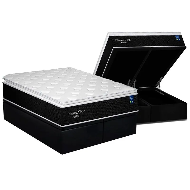 Cama Box Baú Queen: Colchão Molas Bonnel Plumatex Ensacadas Plumastar + Base CRC Suede Black (158x198)