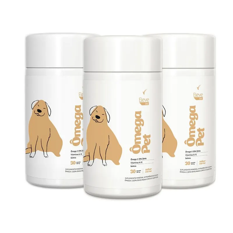 Kit Ômega Pet | Ômega-3 + Vitamina A/E + Selênio | 90 cápsulas - sabor carne+ E-book