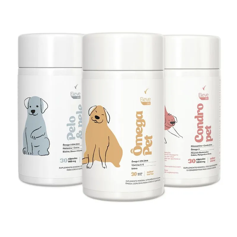 Kit Linha Pet | Ômega Pet + Condro Pet + Pelo & Pele | 3 unid. - sabor carne + E-book