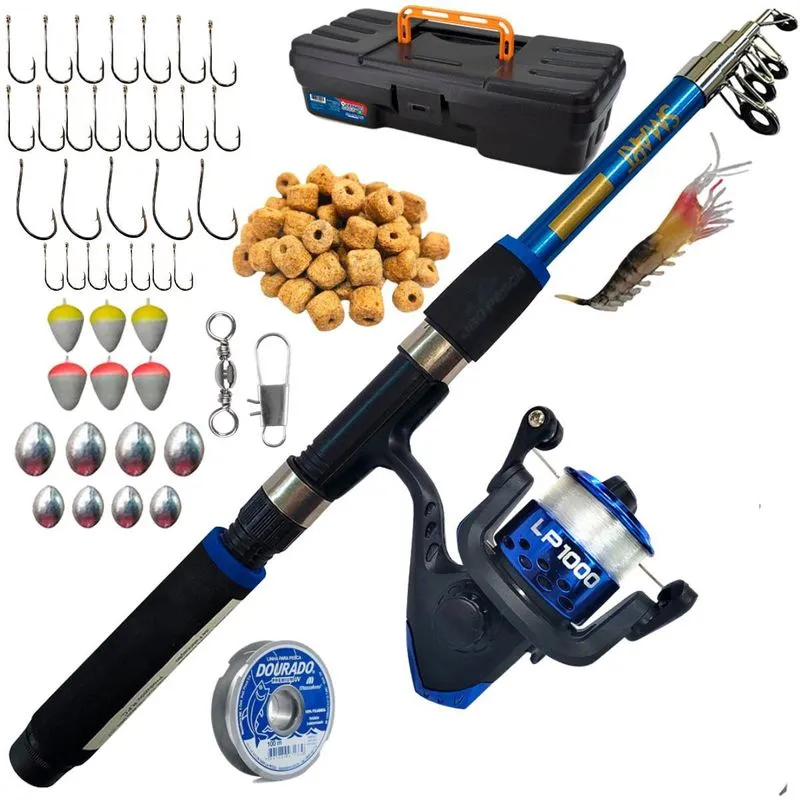 Kit Pesca Vara + Molinete Maleta Saquinho E Ração Jaú Pesca