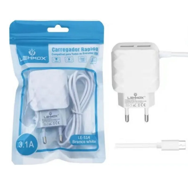 Carregador de celular 3.1A com 2 saídas USB e cabo V8 - Lehmox