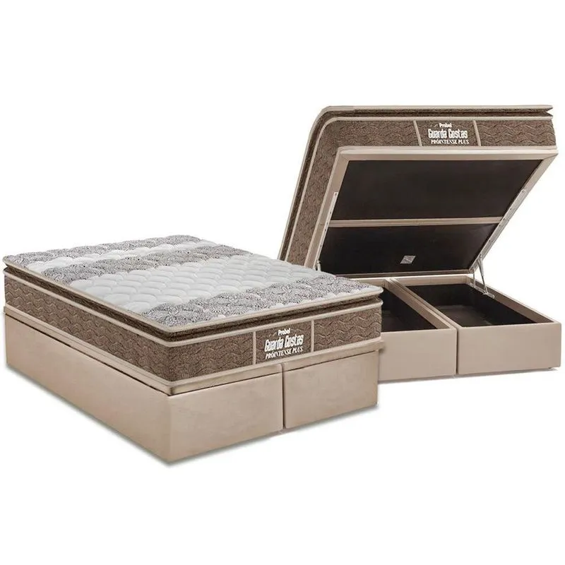 Cama Box Baú Queen: Colchão Ortopédico Probel D33 / ep Guarda Costas PróIntense Plus + Base crc Suede Clean(158x198)