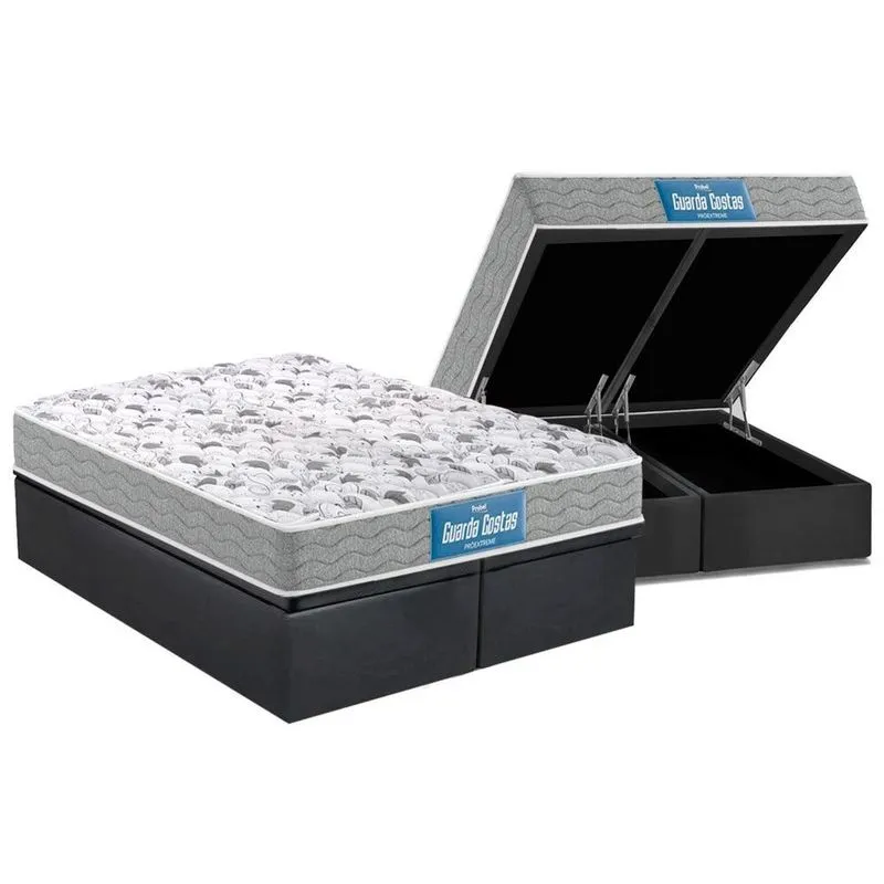 Cama Box Baú Queen: Colchão Espuma D45 Probel / EP Guarda Costas PróExtreme Plus Double Face + Base CRC Suede Gray(158x198)