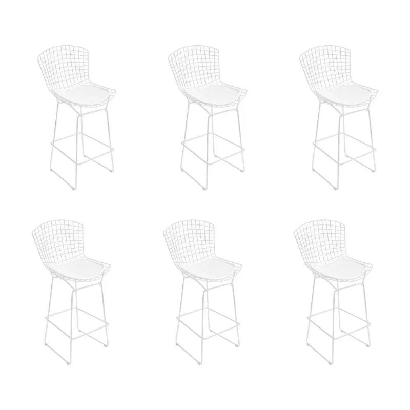 Kit 6 Banquetas Bistrô Bertoia Branca D60 Com Assento Branco