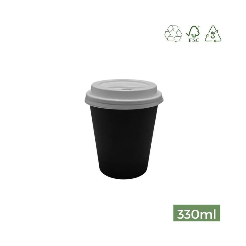 Copo Papel Biodegradável Preto 330ml Tampa Branca 50
