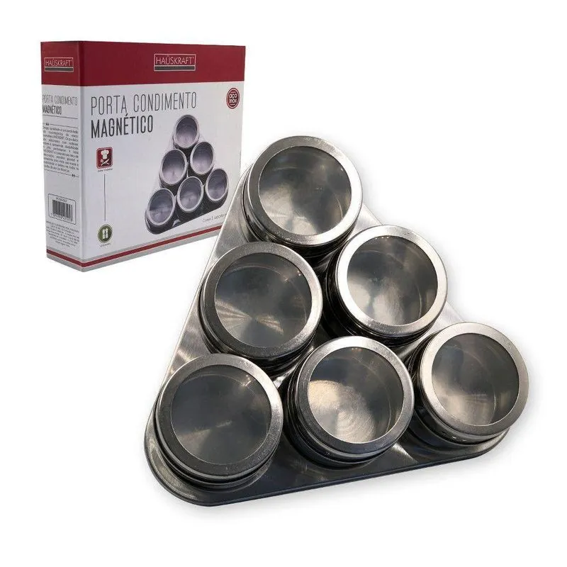 Kit 6 Porta Condimentos Inox Magnético Com Base Triangular