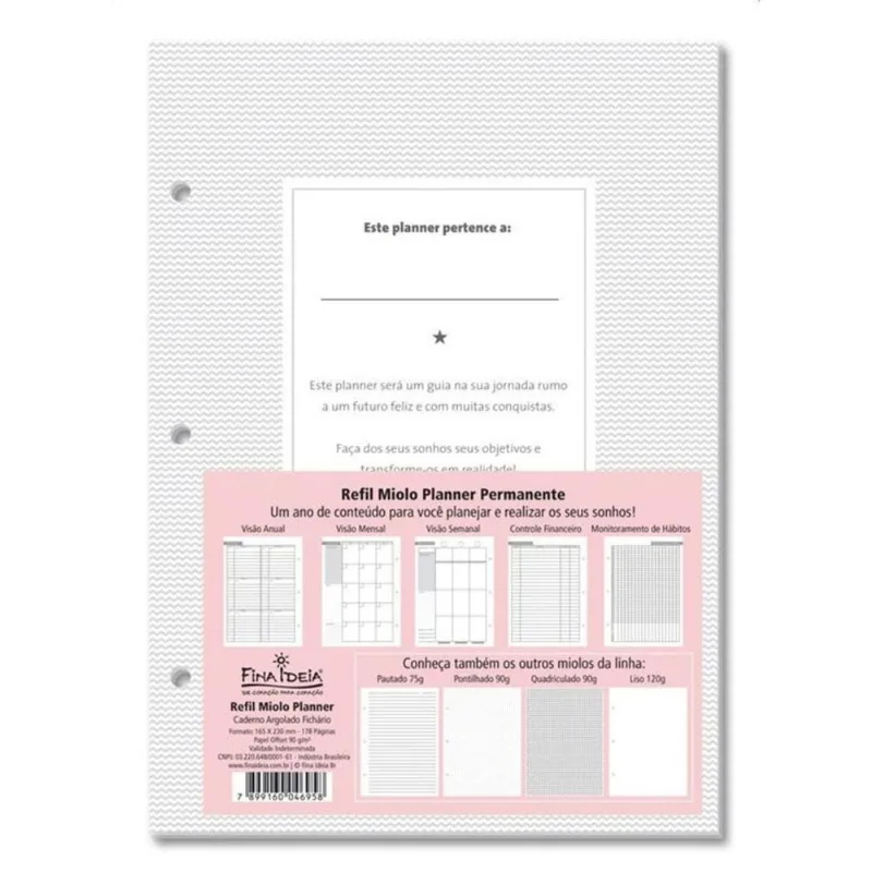 Refil Miolo Planner Permanente Caderno Argolado Fina Ideia UN PM