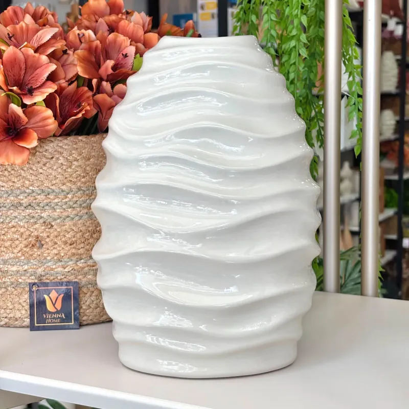Vaso Decorativo Organico Coral Ondas Off-White Brilho G