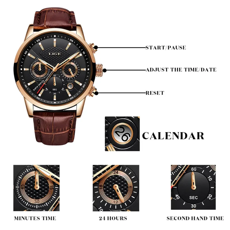 Relógio Masculino LIGE 9866 À Prova D'Água 40 MM / preto prateado