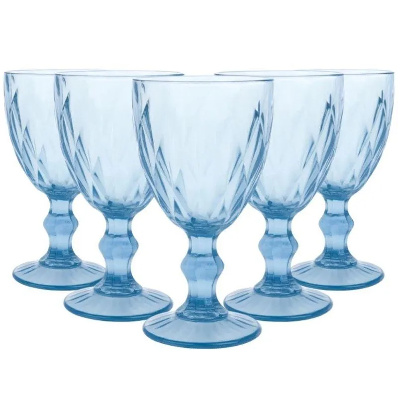 Conjunto De Taças De Vidro Azul 330ml Lapidado Luxo Para Água Suco Vinho Fratelli 6 Peças