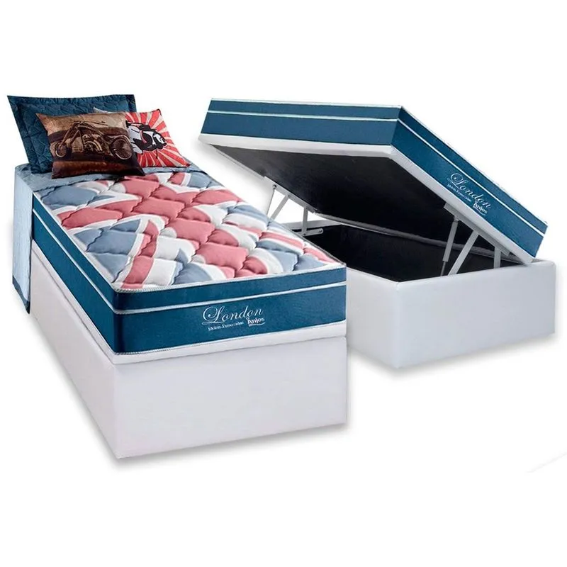 Conjunto Box Baú Solteiro: Colchão Molas Anjos Ensacadas MasterPocket London + Base crc Courano White(88x188)