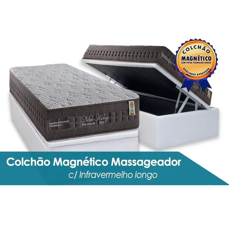 Cama Box Baú Solteiro: Colchão Molas Anjos Magnético Infravermelho Vibro Massagem New King + Base crc Courano Branco(88x188)