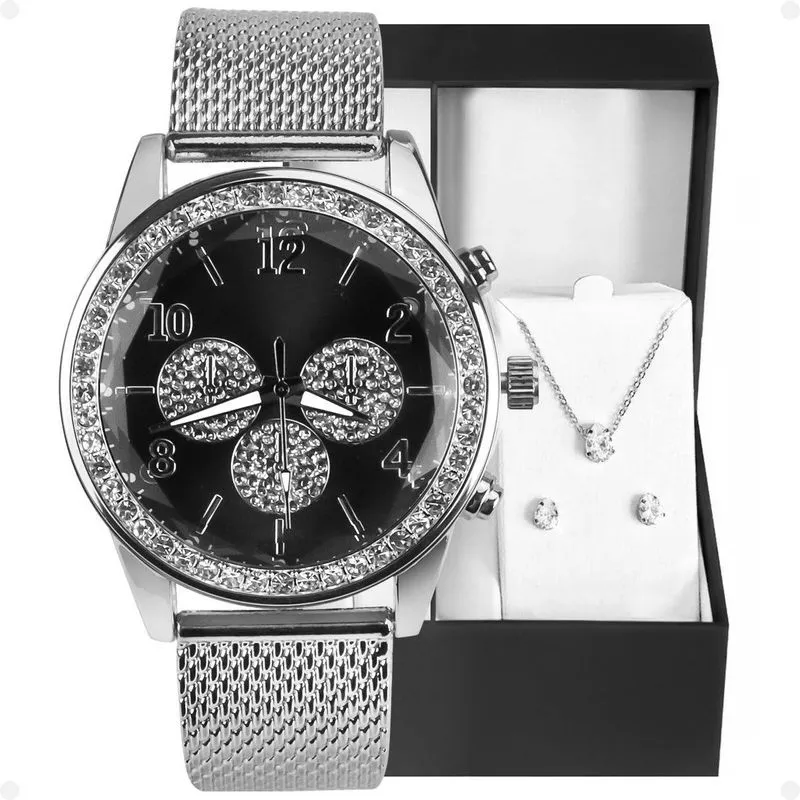 Relogio Feminino Aço Strass Prata + Colar + Brincos