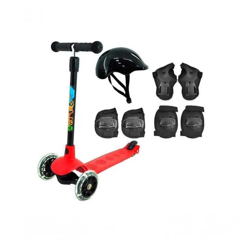 Patinete 3 Rodas Com Acessórios Proteção Vermelho