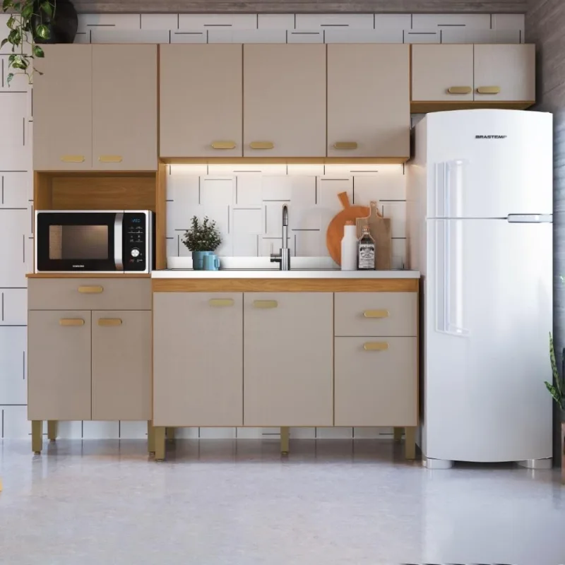 Cozinha Compacta Modulada Mariana 12 Portas 2 Gavetas MDP 240CM Freijó Camurça