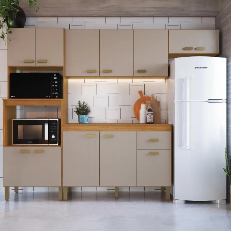 Cozinha Modulada Compacta Mariana 12 Portas 1 Gaveta 255CM Freijó Camurça Fidelita Móveis
