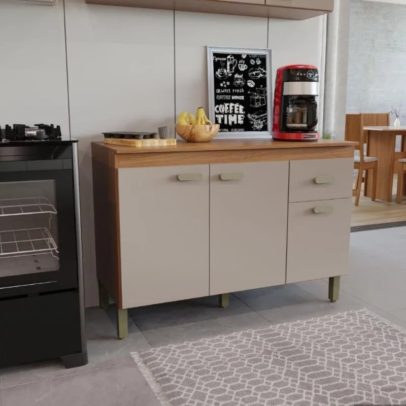 Balcão Modulado para Cozinha Mariana 3 Portas 1 Gaveta 120CM Freijó-Camurça Fidelita Móveis
