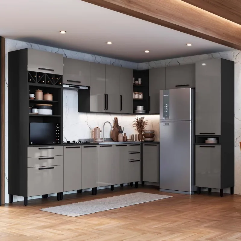 Cozinha Completa Modulada de Canto Mônaco 14 Portas 6 Gavetas 549CM Chumbo Titânio Fidelita Móveis