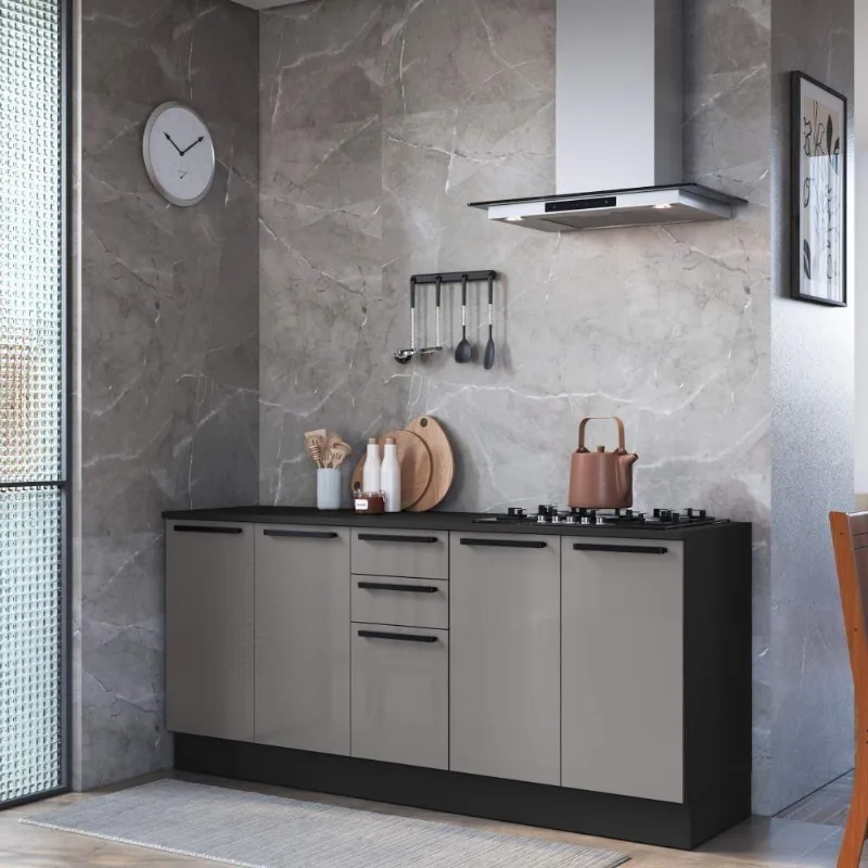Cozinha Compacta Kit 2 Balcões Modulados Mônaco 5 Portas 3 Prateleiras MDP-MDF 200CM Titânio