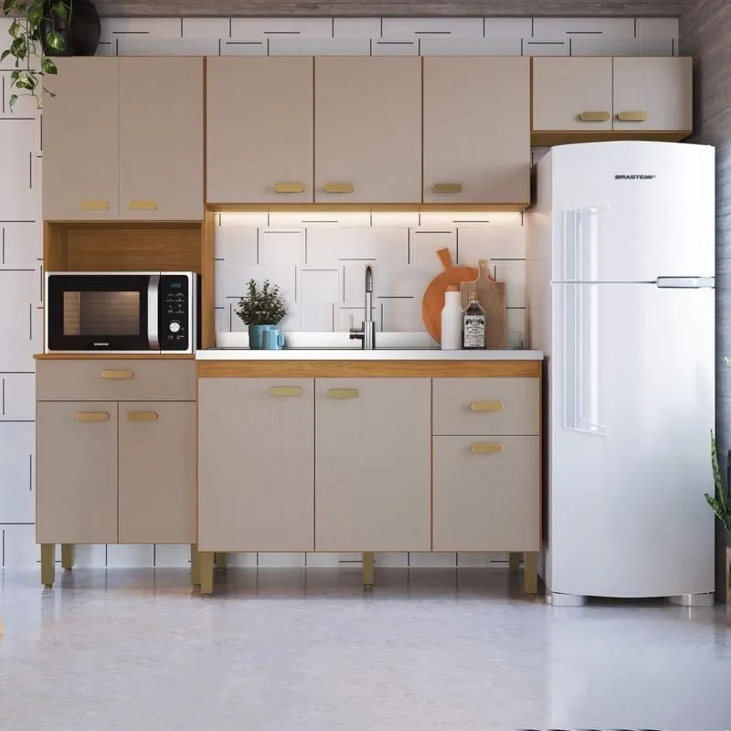 Cozinha Modulada Compacta Mariana 12 Portas 2 Gavetas 250cm Freijó Camurça Fidelita Móveis