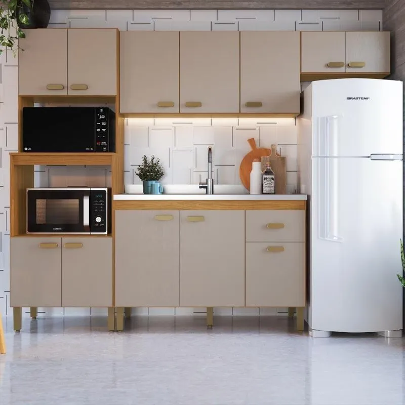 Cozinha Modulada Compacta Mariana 12 Portas 1 Gaveta MDF-MDP 255cm Freijó-Camurça