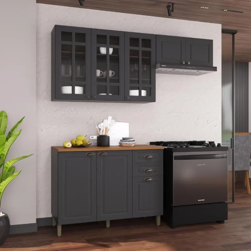 Armário de Cozinha Modulada Compacta Nara 8 Portas 2 Gavetas MDF 200CM Chumbo