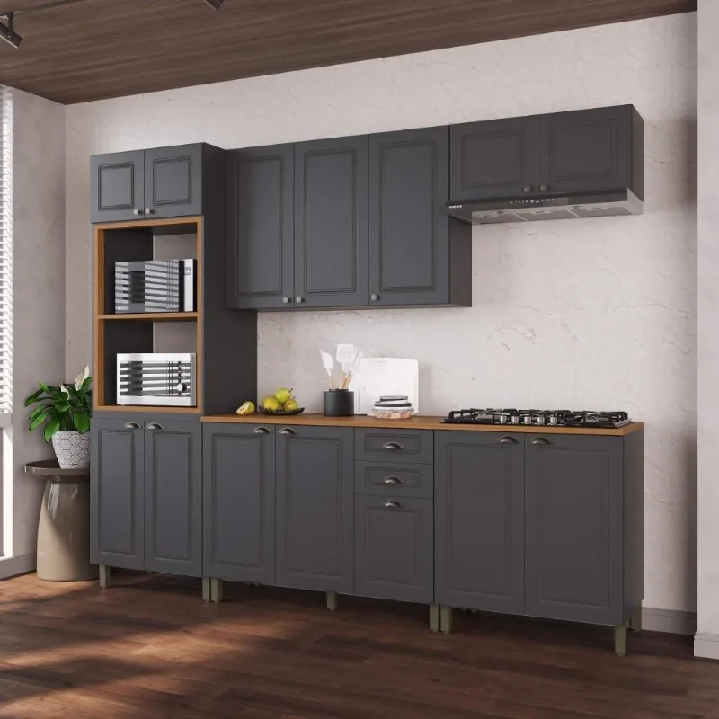 Cozinha Completa Modulada Nara 14 Portas 2 Gavetas MDF 270CM Chumbo Fidelita Móveis