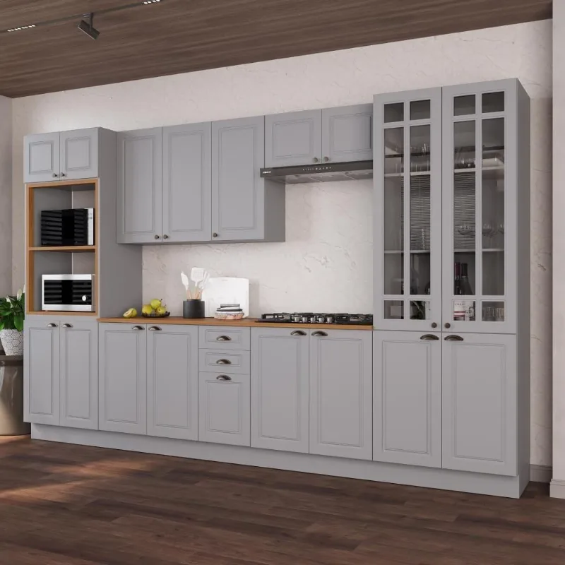 Cozinha Completa Modulada Nara 18 Portas 2 Gavetas MDF 350CM Titânio Fidelita Móveis