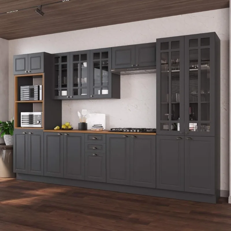 Cozinha Completa Modulada Nara 18 Portas 2 Gavetas MDF 350CM Chumbo Fidelita Móveis