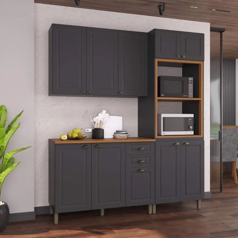 Cozinha Compacta Modulada Nara 10 Portas 2 Gavetas MDF 190CM Cinza Chumbo Fidelita Móveis