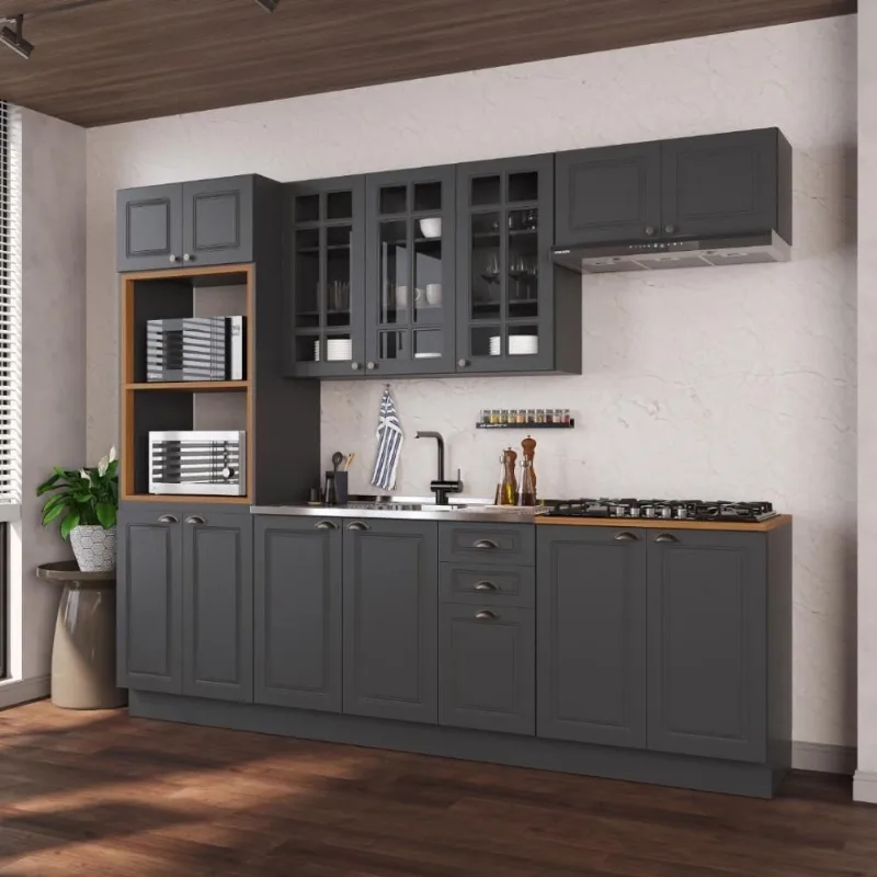 Cozinha Completa Modulada Nara 14 Portas 2 Gavetas MDF 270CM Chumbo Fidelita Móveis