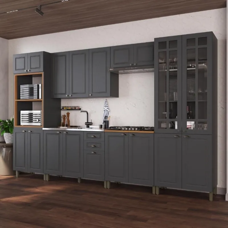 Cozinha Completa Modulada Nara 18 Portas 2 Gavetas MDF 350CM Chumbo Fidelita Móveis
